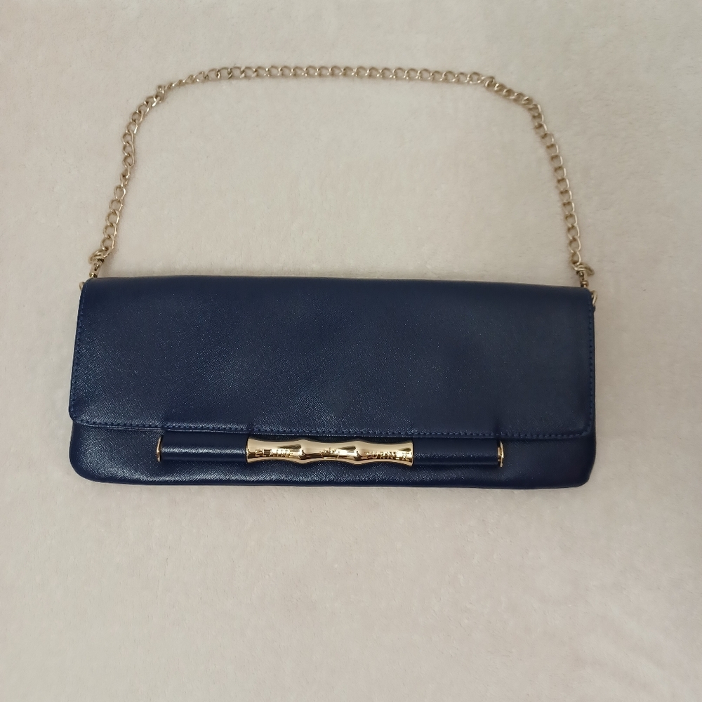 Elaine Turner Clutch Bag Navy Blue Gold Bamboo Logo Gold Chain